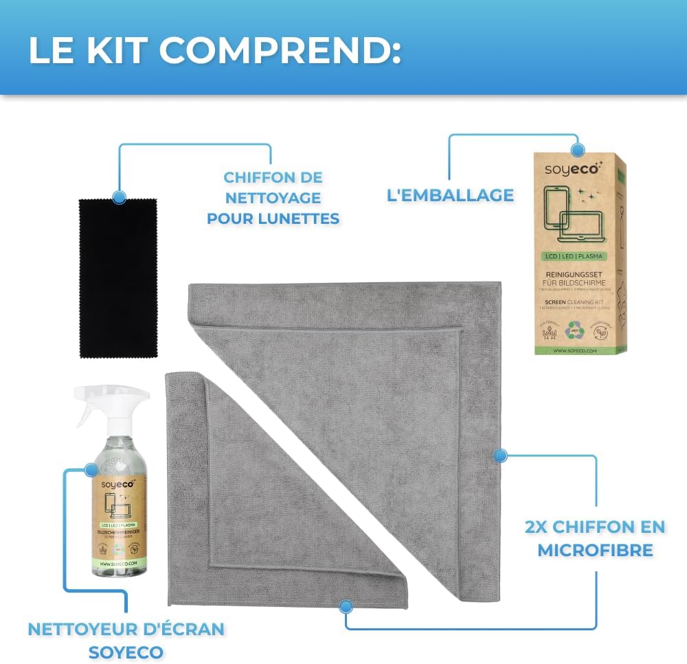 Spray nettoyant pour écran 500ml + 3 chiffons microfibres - Fluide nettoyant - Pour smartphones, ordinateurs portables, tablettes, téléviseurs, écrans LCD/TFT, LED, OLED, montres - Sans taches