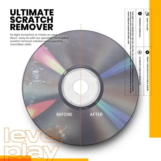 Levelplay Kit Nettoyage & Suppression des Rayures pour Disques – Répare, Polit et Corrige Dommages, Sauts Audio/vidéo, Blocages de Jeu sur CD, DVD, Blu-Ray - Chiffon Microfibre Inclus – Flacon 50 ML