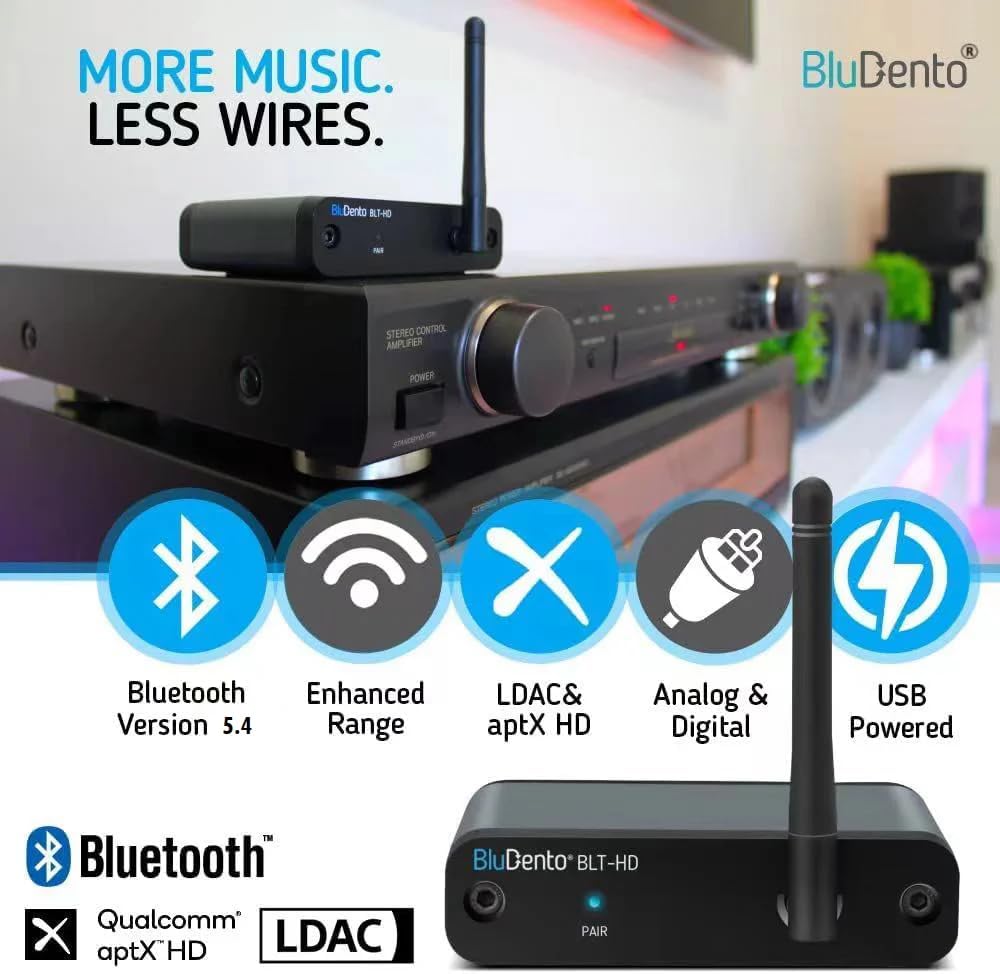 BluDento aptX HD, Récepteur de Musique Bluetooth 5.0 True HiFi Long Range BLT-HD, DAC intégré, pour Streaming Audio vers n'importe Quel récepteur A/V, Haut-Parleur Puissant, amplificateur