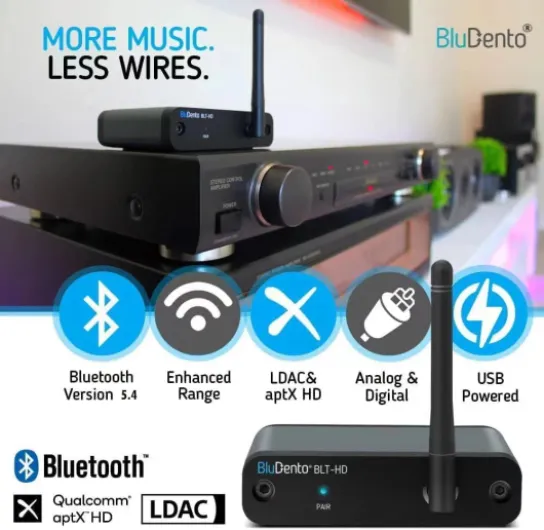 BluDento aptX HD, Récepteur de Musique Bluetooth 5.0 True HiFi Long Range BLT-HD, DAC intégré, pour Streaming Audio vers n'importe Quel récepteur A/V, Haut-Parleur Puissant, amplificateur