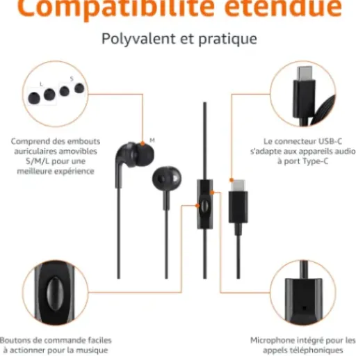 Avis Amazon Basics Écouteurs intra-auriculaires USB-C : le filaire simple et pas cher pour port USB-C