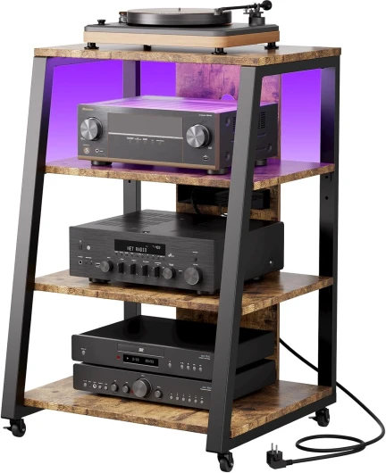 Lifewit Meuble Hifi 4 Niveaux avec Multiprises et Lumières LED, Meuble Vinyle en Bois et Acier avec Roulettes et étagères, Etagères de Rangement Structure Solide, Brun Rustique, 60 x 55 x 90 cm