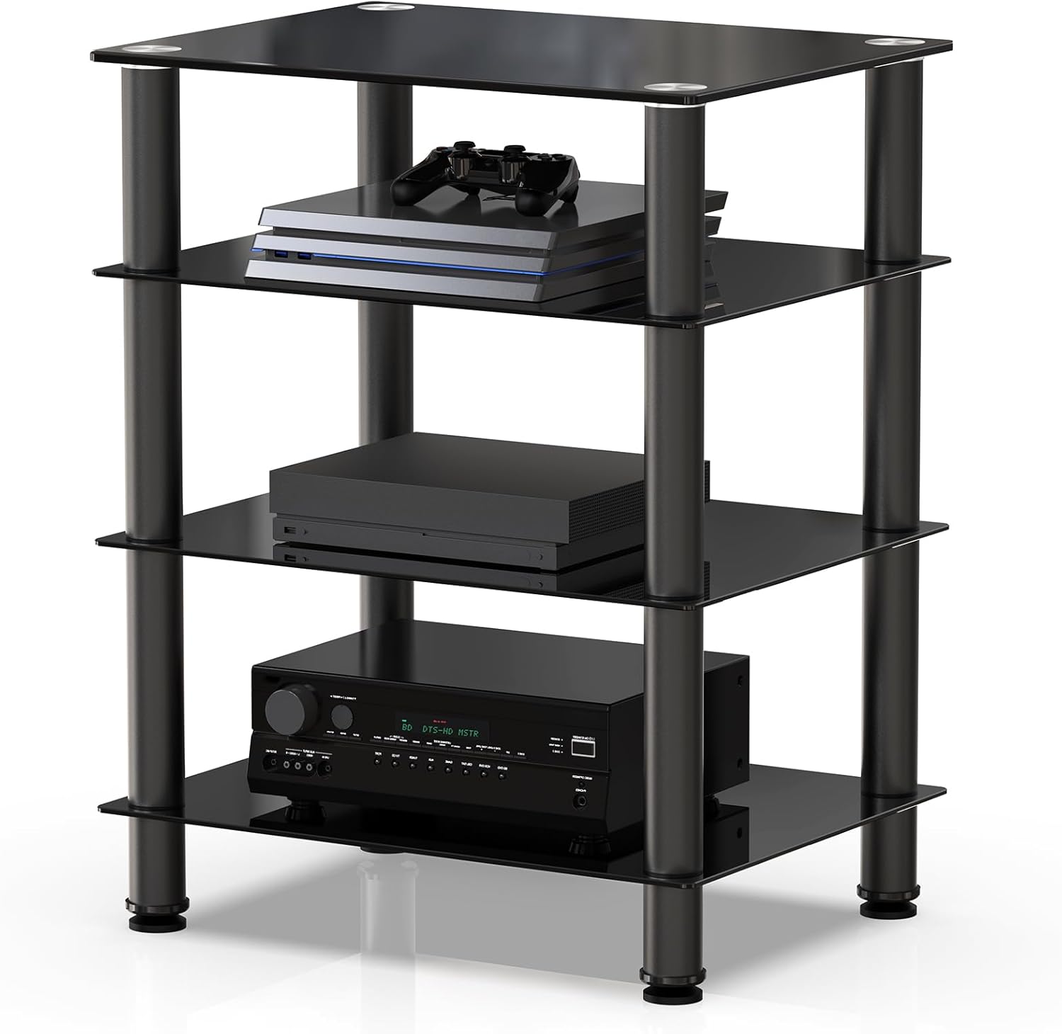 Meuble HiFi avec 4 Etagères pour Platine Vinyle Meuble Audio Boitier TV Stéréo Lecteur DVD Enceinte Cinéma Xbox en Verre Trempé Noir Charge Max - 40 KG Structure Solide AS406001GB 600 x 455 x 770MM（L x l x H）