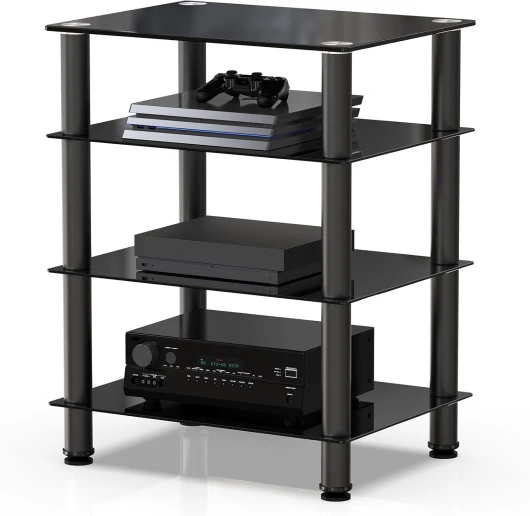Meuble HiFi avec 4 Etagères pour Platine Vinyle Meuble Audio Boitier TV Stéréo Lecteur DVD Enceinte Cinéma Xbox en Verre Trempé Noir Charge Max - 40 KG Structure Solide AS406001GB 600 x 455 x 770MM（L x l x H）