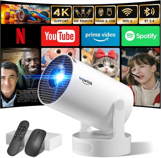 [Apps intégrées & 2025 Upgraded] Vidéoprojecteur avec WiFi 6 et Bluetooth 5.4 Mini Projecteur Supporte 4K 1080P Auto Keystone Rotation 180° Compatibile avec HDMI/TV Stick/Memory Stick/Laptop, Blanc
