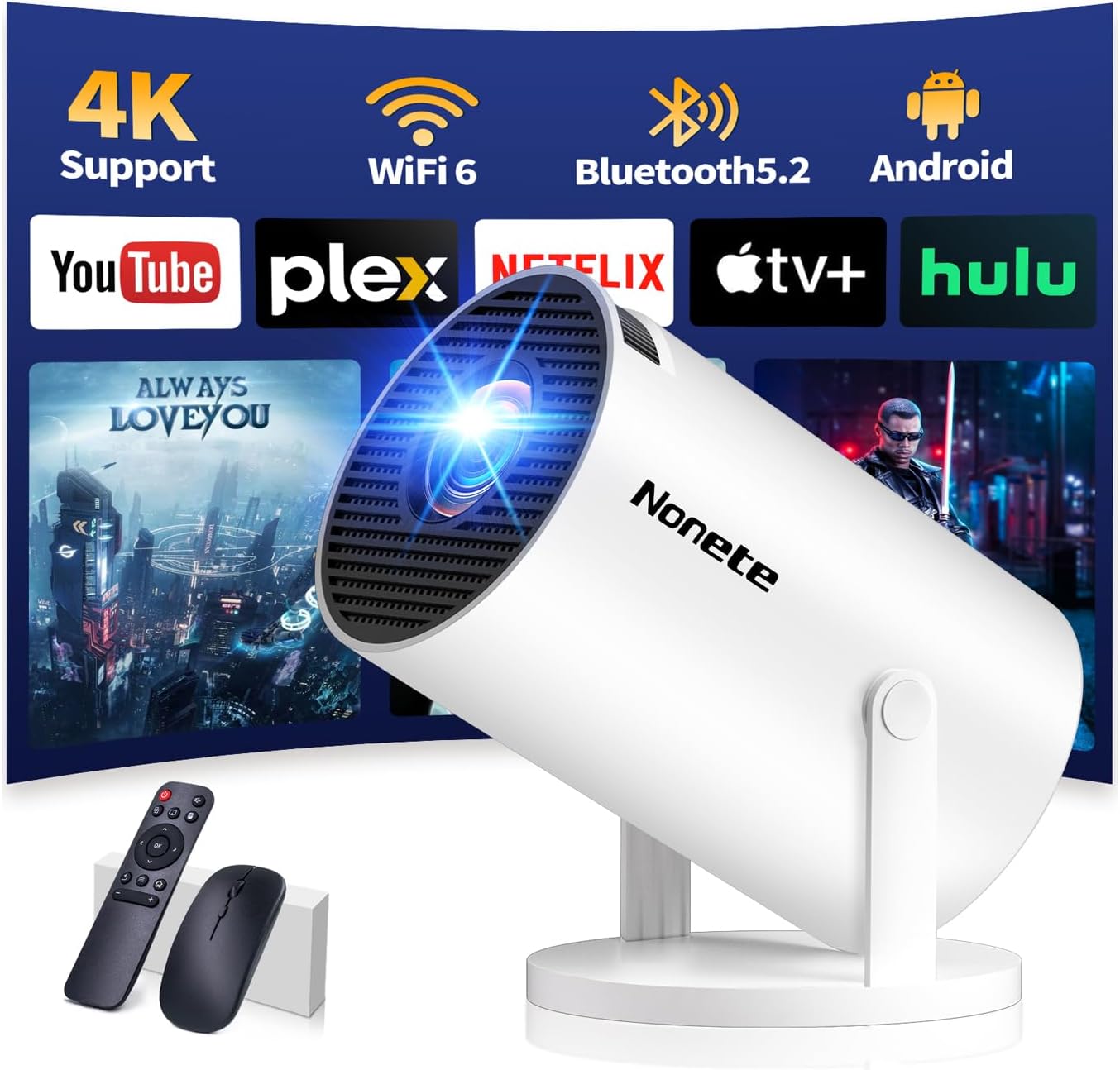 [App intégrée] Vidéoprojecteur avec WiFi 6 BT5.2 Mini Projecteur Supporte 4K 1080P Retroprojecteur Video 270° Rotation HDMI/TV Stick/USB/PS5 videoprojecteur 4k avec HDMI et Souris Android 11 White