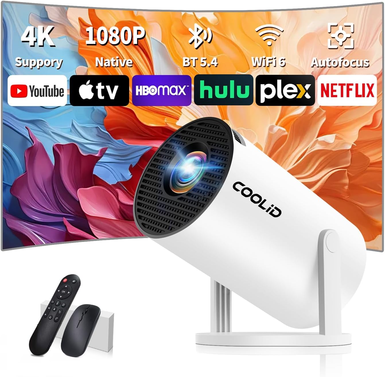 Mini Vidéoprojecteur 1080P avec WiFi 6 BT 5.4, Portable Projecteur 4K avec Android TV, Projecteur Video Supporté pour Correction Trapézoïdale Automatique, 270° Rotation, avec Souris, Blan White
