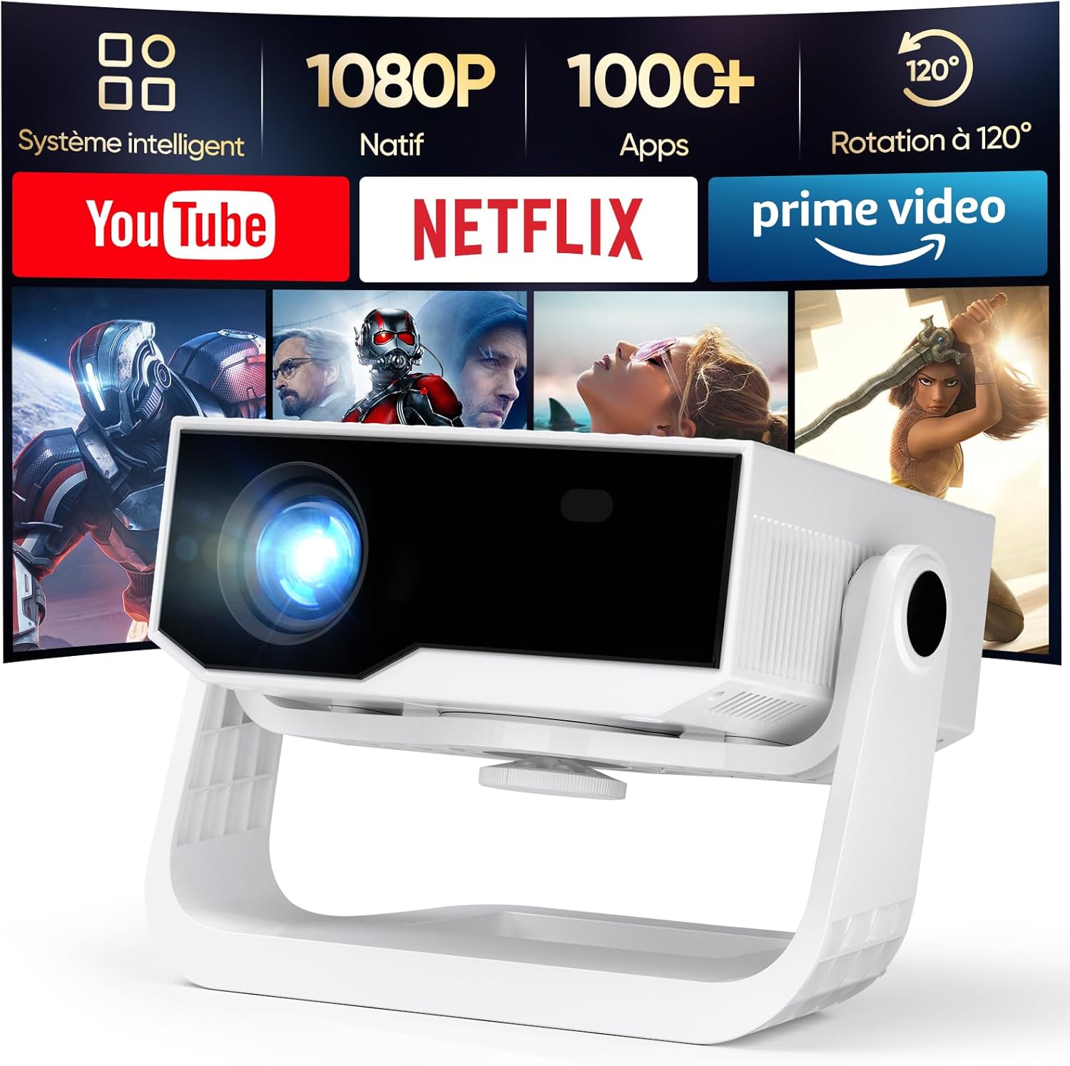 Videoprojecteur Intelligent Wielio Android 11, FHD 1080P 4K Soutien, WiFi6 & BT5.2, Faible Bruit Vent (< 29,8 DB), Soutien Réglable 120°, Focus électronique, Correction Trapézoïdale pour Switch/PS5 Stand Blanc-Noir