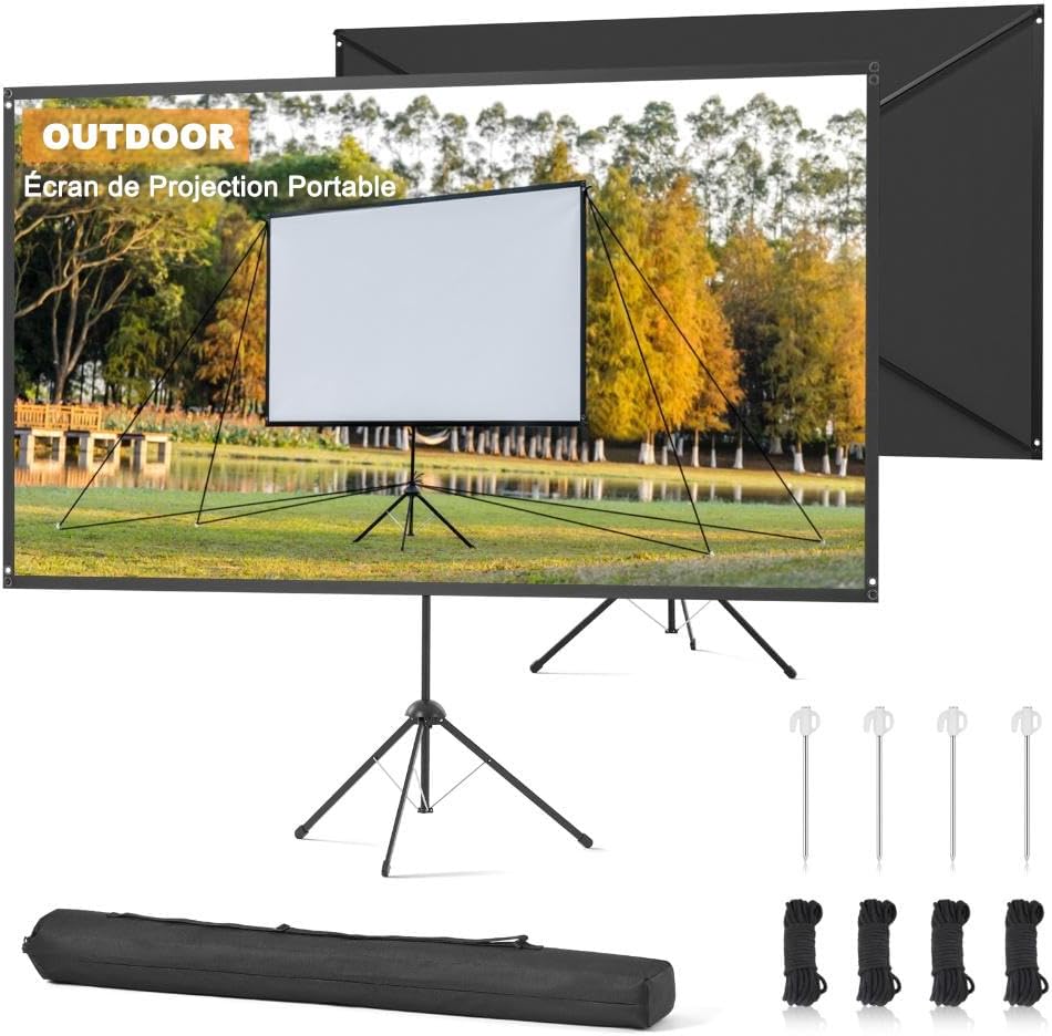 Écran de Projection Extérieur 80 Pouces 16:9, Écran de Projection avec Support, Gain Élevé, Résistant au Vent, Écran pour Projecteur, pour Home Cinéma, Jardin et Camping, Cordages et Piquets Inclus.