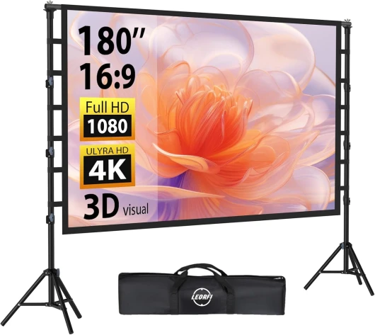 Écran de Projection 180 Pouces avec Support Portatif, LEORFI Portable Extérieur Écran, 16:9 4K Full HD Écran Vidéoprojecteur de Cinéma en Intérieur, Réglable en Hauteur, pour Home Cinéma et Camping