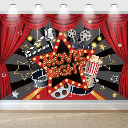 Décoration de soirée cinéma, Toile de fond de bannière de Movie Night pour soirée cinéma Tapis rouge Approvisionnement de fête d’anniversaire, Décoration de fête à thème de cinéma, 180x120cm