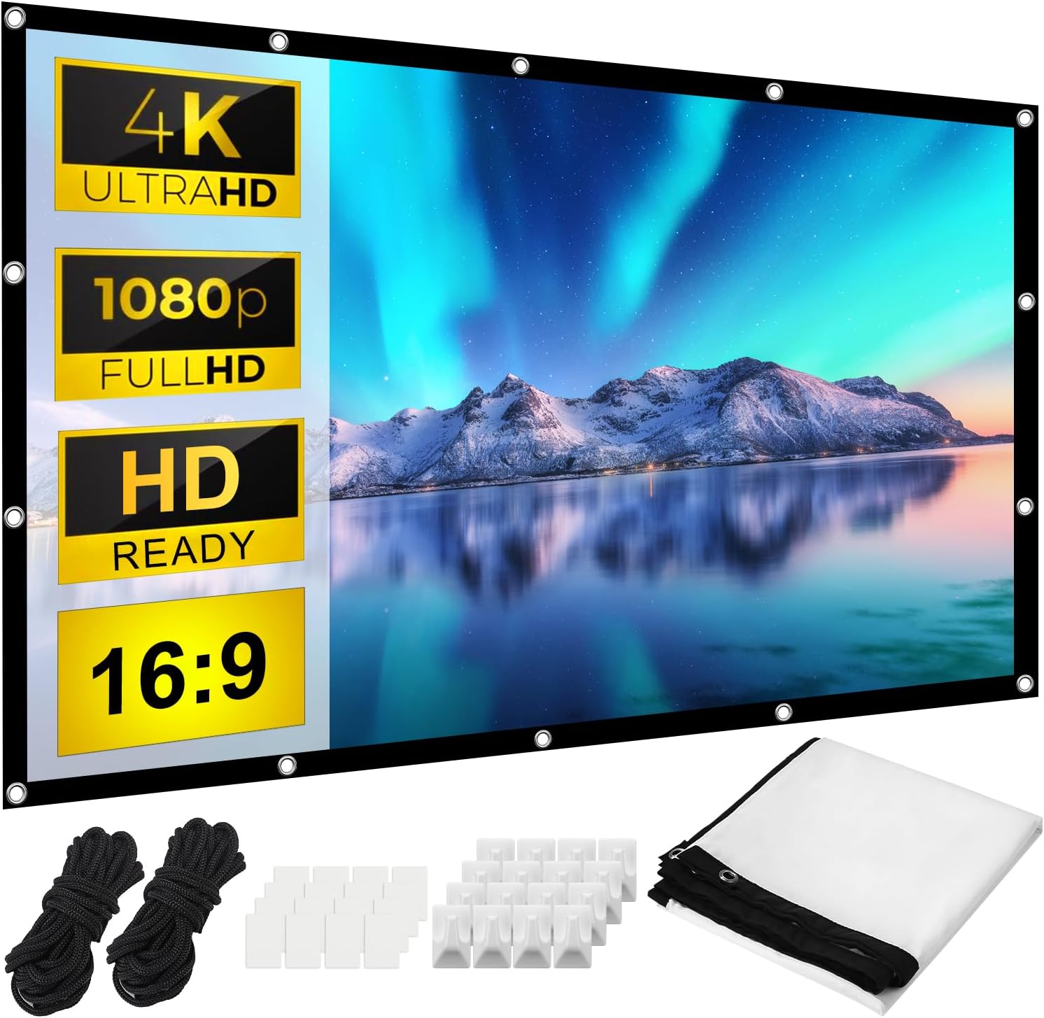 Zhufas 100" Écran de Projection,16: 9 4K HD, Portable Pliable Extérieur pour Vidéoprojecteurs Écran 88" x 48" (221 x 125 cm), pour Cinéma Maison, Commercial, Fête, Bureaux, Nuit de Cinéma