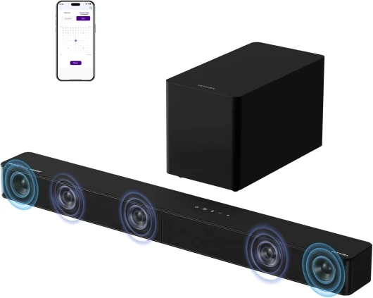 5.1ch Barre de Son TV avec Dolby Atmos, Système Audio Surround Home Cinéma, Barre de Son avec Caisson de Basses pour TV, 340W, Basses Réglables, App, Bluetooth 5.4, Poseidon M60 Boom U3722