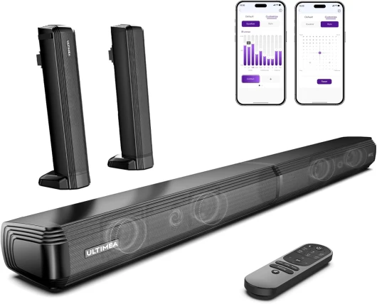 Barres de Son TV, 2,2 Canaux Barre de Son 2-en-1 Détachable, Bluetooth 5.3 Enceinte pour TV avec Basses Réglables, 3 EQ Mode, Arc/Optique/Aux, Montage Mural, Modèle 2025, Apollo S40 Pro black