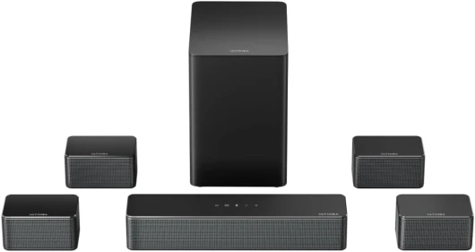 Barre de Son 7.1, Système de Son Surround Virtuel pour TV, Contrôle par App, 4 Enceintes Surround Filaires, Barre de Son TV avec Caisson de Basses sans Fil, Home Cinema 7.1, Poseidon D70 U2600