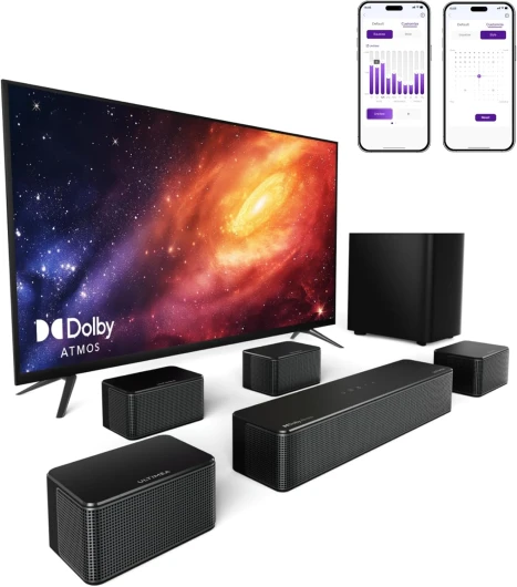 Barre de Son TV 7.1 avec Dolby Atmos, Contrôle d'App, 4 Enceintes Surround Filaires, Enceintes pour Téléviseur 460W avec Caisson de Basse sans Fil, Home Cinéma Bluetooth 5.3, Poseidon D80