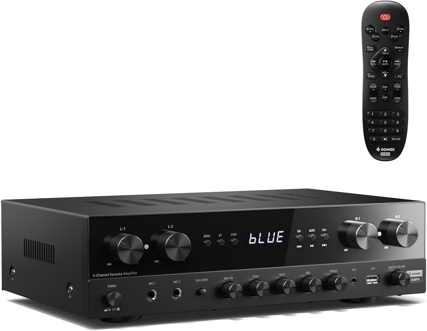 Amplificateur Audio, Ampli HiFi 1000 W de Puissance Maximale 4 Canaux avec Bluetooth 5.0, USB, FM, 2 Entrées Micro, RCA, Fibre/Coaxial Entrées pour Haut-parleurs Domestiques, Karaoké