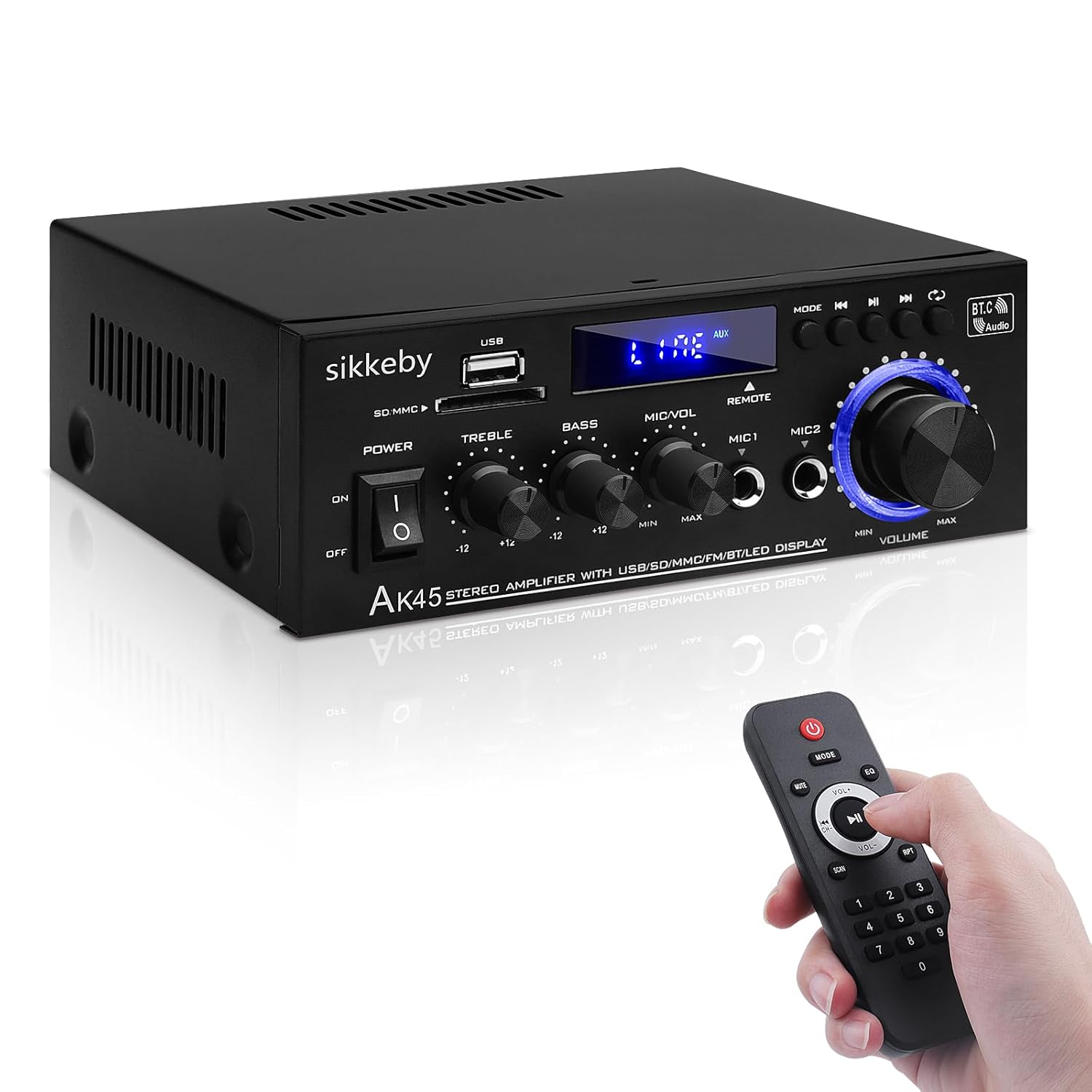 HIFI-Amplificateur, Mini récepteur amplificateur audio stéréo Bluetooth, AK45 2-canaux numérique amplificateur audio 12V/220v 400W avec Radio FM,entrée de carte SD/USB pour la maison ou la voiture Noir pour AK45