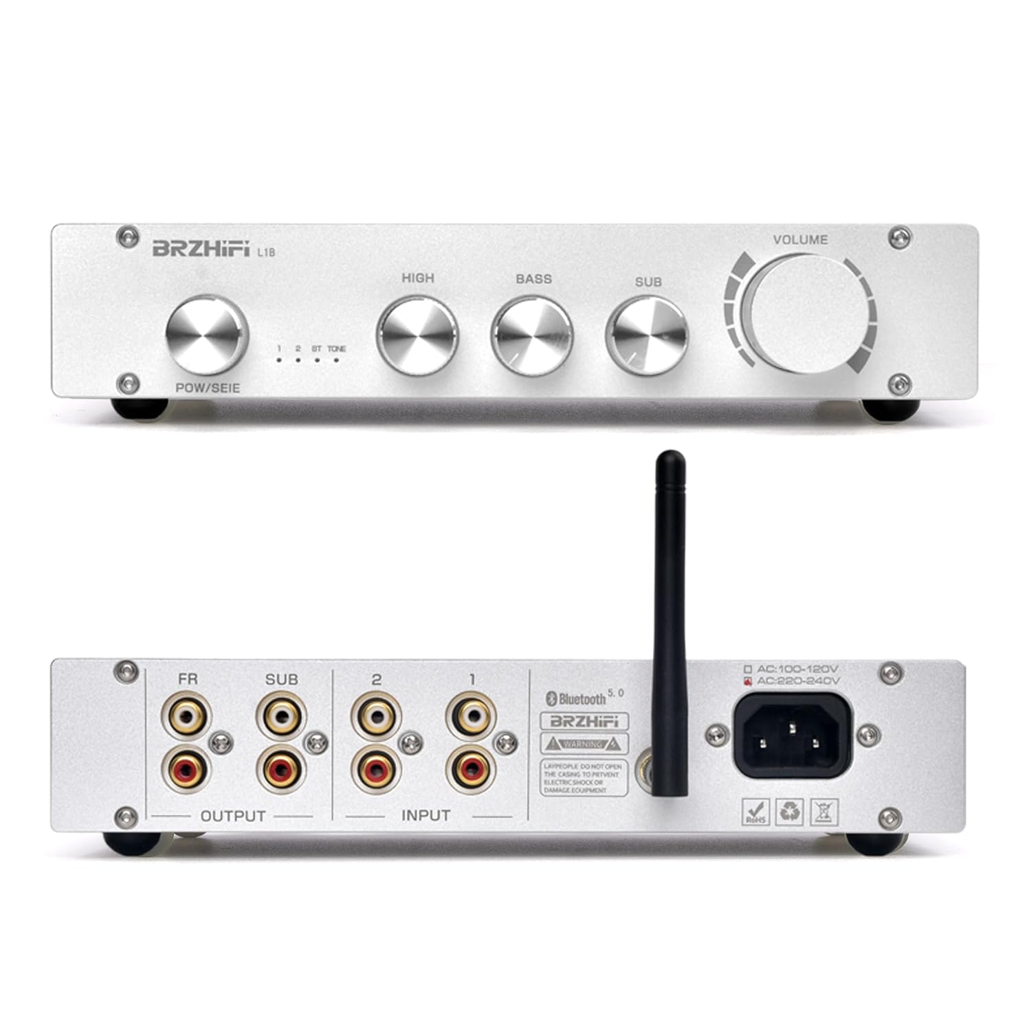 BRZHIFI L1B Préamplificateur Pure Classe A HiFi Audio Domestique 2.1 canaux Contrôle indépendant des Hautes et Basses fréquences Bluetooth 5.0 Décodage indépendant PCM5102 Préamp（Argent）