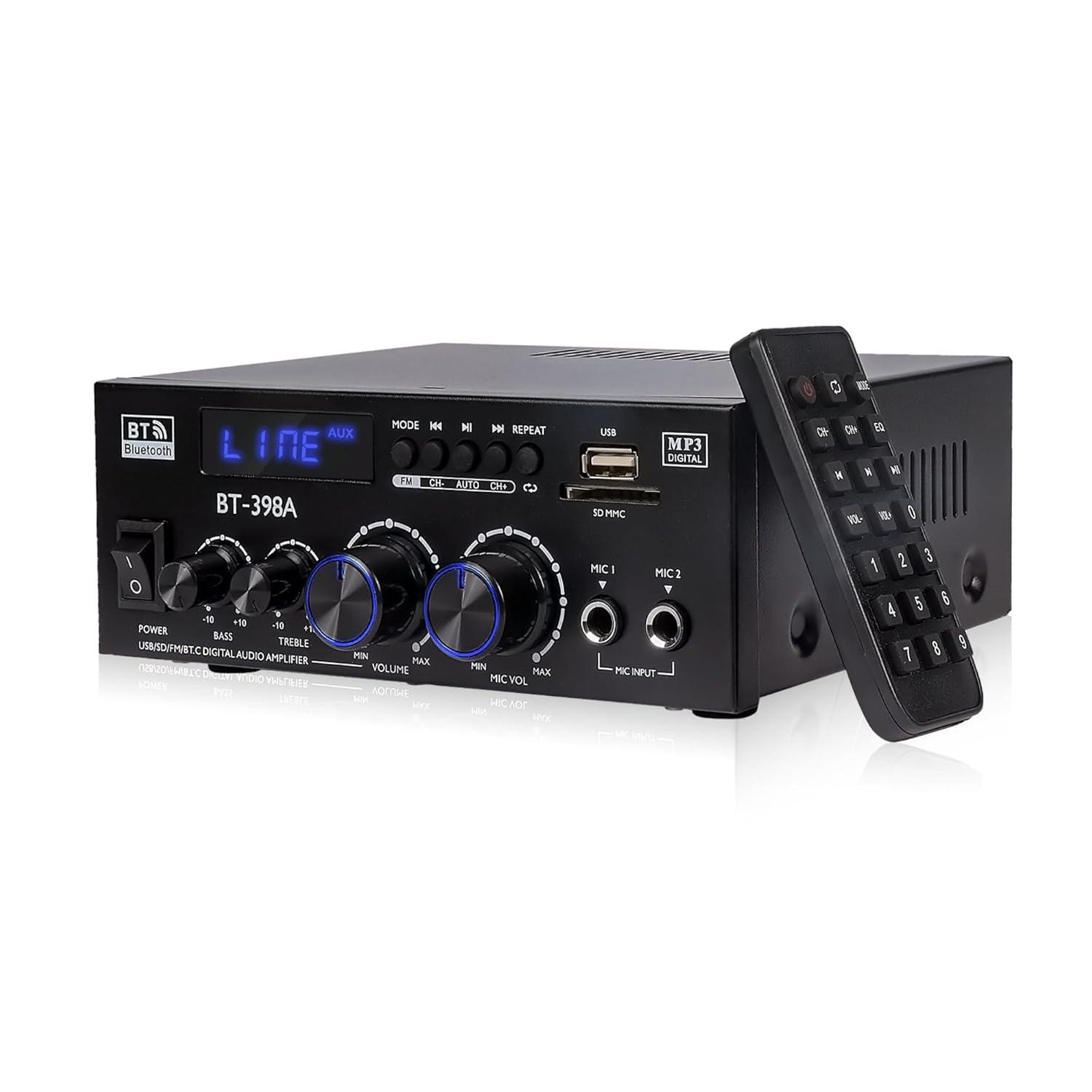 1000W Amplificateur, Bluetooth 5.3 Audio, Stéréo Audio Récepteur Ampli HiFi à 2.0 CH 60W x2 avec Bass/Treble/AUX/FM/MIC/USB, Convient pour Deux Haut-parleurs d'environ 10 Pouces, pour Ampli Voiture
