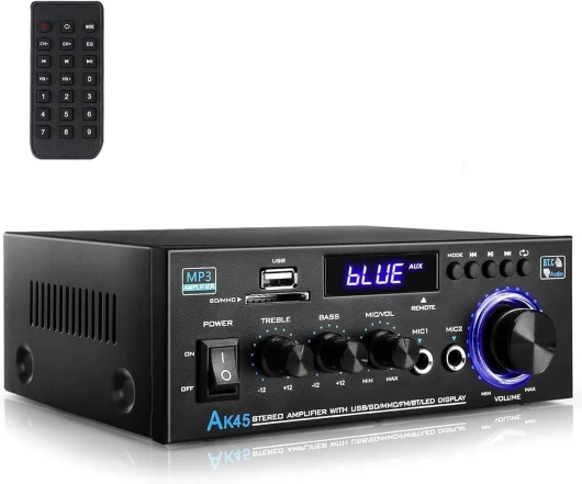 Romicta Amplificateur Audio, Amplificateur HiFi, Amplificateur stéréo 600W 2 Canaux, Bluetooth 5.0, 12V 220V, LCD, Hi-FI, Radio FM Portable, entrée SD Card/USB, pour la Maison ou la Voiture AK45