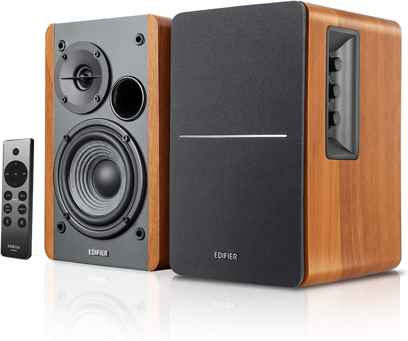 R1280DBs Enceintes de Bibliothèque Bluetooth Actives - Entrée Optique - Enceinte de Moniteur de Studio sans Fil 2.0-42 W RMS avec Sortie de Ligne de Caisson de Basses - Grain de Bois
