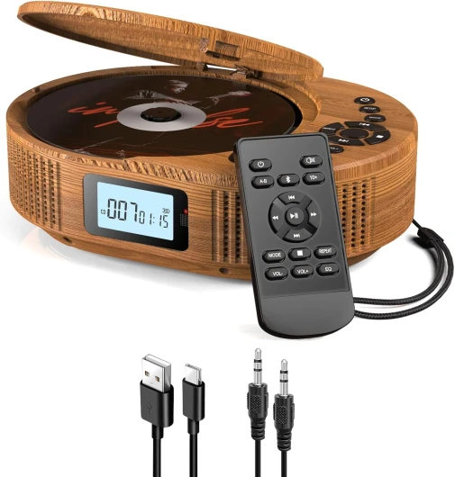 Lecteur CD Boombox amélioré et Haut-Parleur Bluetooth 2en1, Lecteur CD Portable Rechargeable pour Voiture/Maison avec télécommande, Radio FM, Prise en Charge AUX/USB, Prise Casque Grain de bois