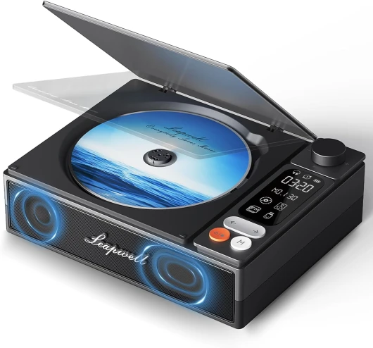 Lecteur CD Portable, Leapwell Lecteur CD Bluetooth Enfant avec Haut-Parleur Baladeur CD Portable Bureau Rechargeable Poste CD Vintage Lecteur CD avec écran LCD FM USB AUX Optique Noir