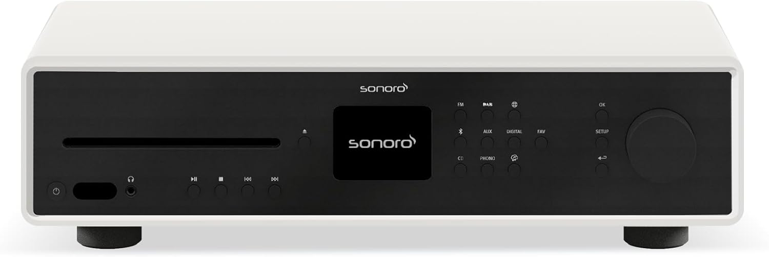 Maestro Receveur HiFi avec de amplificateur Classe D, Lecteur CD et Radio Internet (Bluetooth, Deezer, Spotify, Tidal) Blanc Mat/Noir 43.2 x 12 x 27.7 cm Blanc Mat/Noir