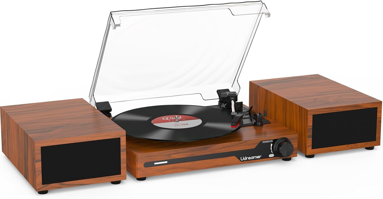 Udreamer Platine Vinyle avec 2 Haut-parleurs Stéréo Doubles, Vintage Tourne-disqu Bluetooth 5.3 Prend en Charge 3 Vitesses, Entrée Auxiliaire, Ligne RCA, USB,Lecture sans Fil, Marron