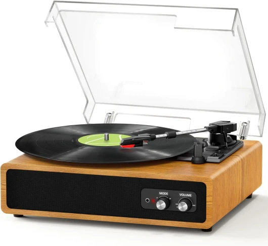 Platine Vinyle, FYDEE Tourne Disque Vinyle Bluetooth avec Émetteur pour Enceintes, Portable avec 3 Vitesses 33/45/78 TR/Min, 2 Haut-Parleurs Intégrés, Sortie RCA, Entrée AUX - Chêne