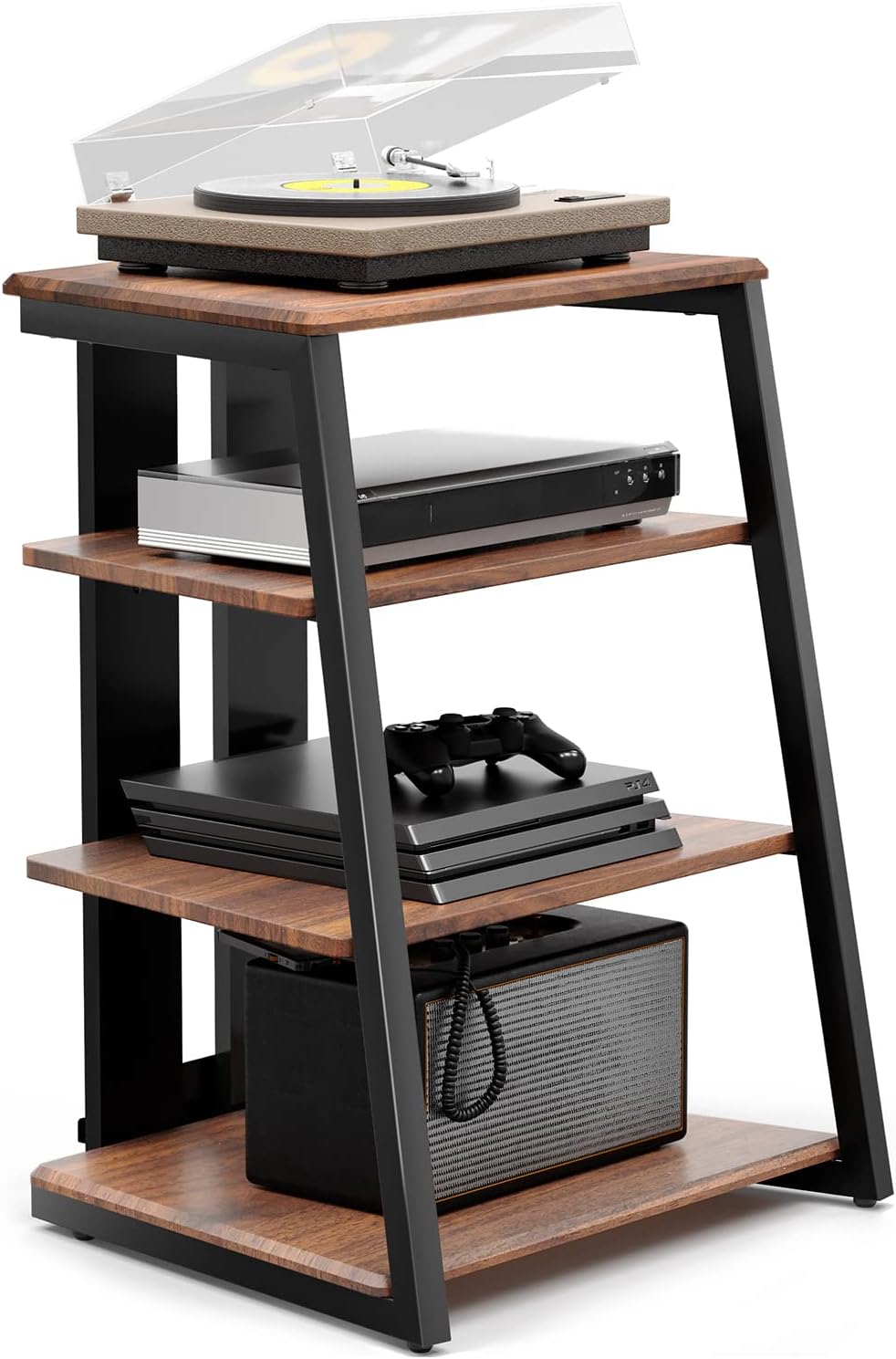Meuble HiFi à 4 Etagères en Bois et Acier Support pour Platine Vinyle Meuble Audio/Vidéo Capacité de Charge Max - 50KG Structure Solide Marron ,