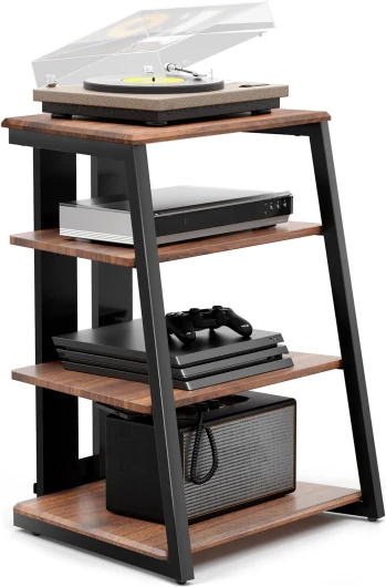 Meuble HiFi à 4 Etagères en Bois et Acier Support pour Platine Vinyle Meuble Audio/Vidéo Capacité de Charge Max - 50KG Structure Solide Marron ,