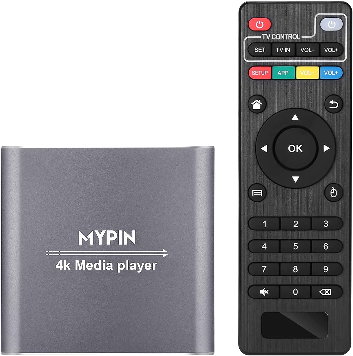 Lecteur Multimédia 4K, MYPIN Mini HD Media Player TV pour 8TB HDD/Clé USB/Carte TF/H.265 MP4 PPT MKV AVI Soutien Sortie HDMI/AV/Coaxial et Souris USB/Clavier-HDMI Jusqu'à 7.1 Son Surround Gris