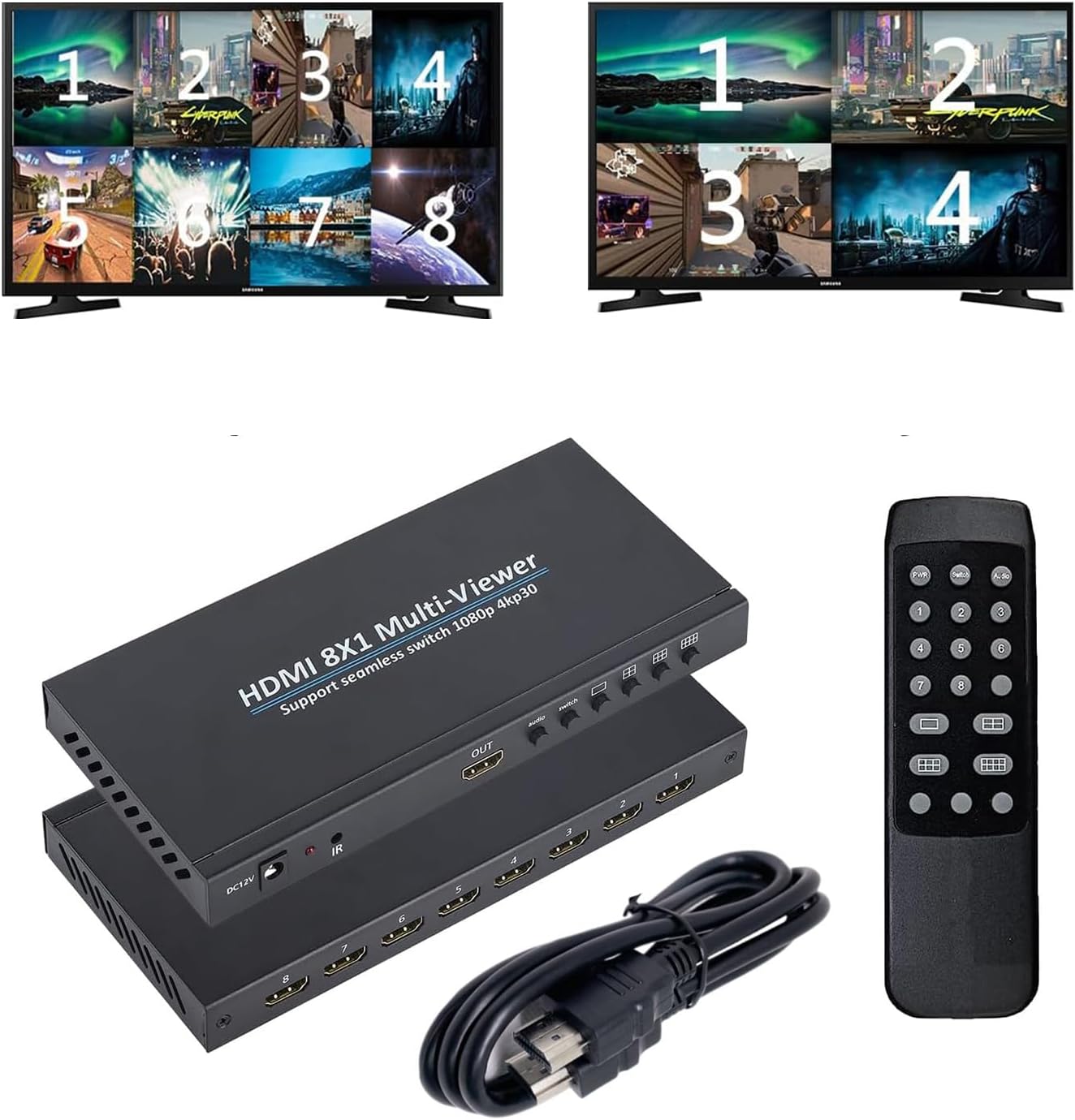 HDMI Quad MultiViewer 8 x 1, commutateur 8 en 1 sortie avec télécommande infrarouge, prend en charge 1080p 4K @ 30 Hz et 6 modes de visualisation