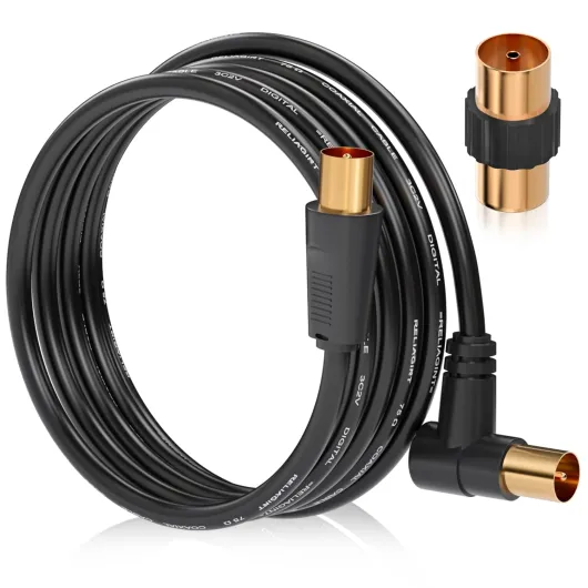 RELIAGINT Câble d'antenne TV 2m, Câble coaxial TV en cuivre pur avec blindage élevé pour signal fort - Droit ou angle droit - Adaptateur femelle inclus - d'antenne ignifuges câble de télévision noir 2M Noir-angle droit