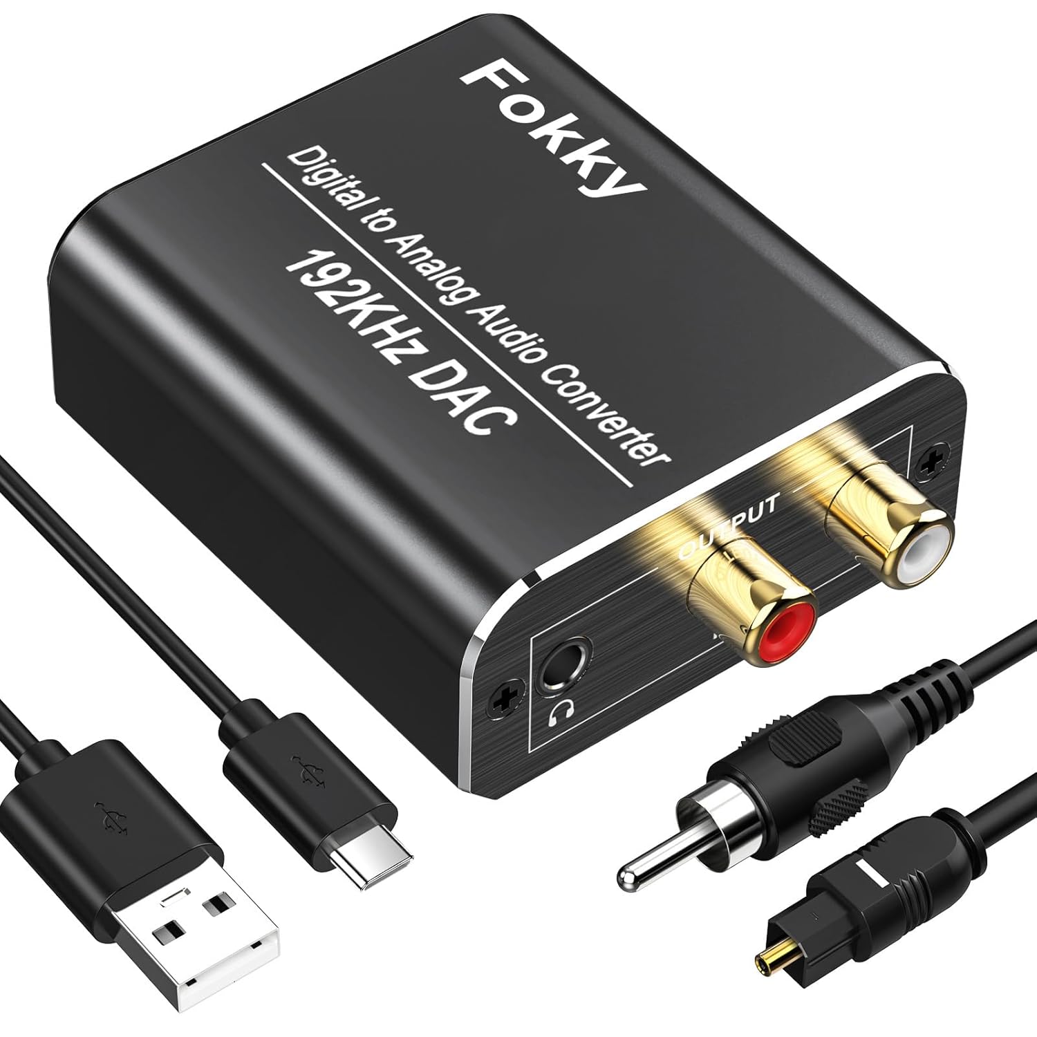 DAC Audio Avec Cable Audio Optique，Fokky 192kHz Convertisseur Numérique Analogique, Optique Toslink vers RCA Adaptateur Audio, pour PS3,PS4, Xbox,HDTV,Blu-ray Noir, avec câble en fibre optique/câble coaxial