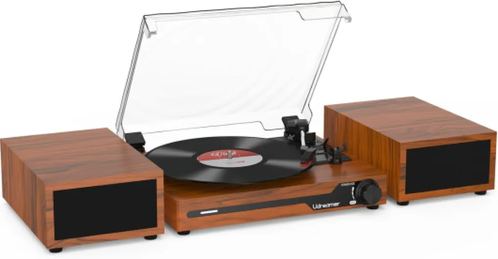 Udreamer Platine Vinyle avec 2 Haut-parleurs Stéréo Doubles, Vintage Tourne-disqu Bluetooth 5.3 Prend en Charge 3 Vitesses, Entrée Auxiliaire, Ligne RCA, USB,Lecture sans Fil, Marron