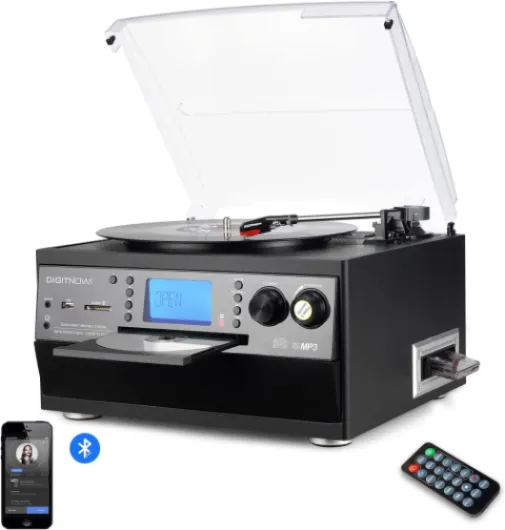 DIGITNOW! Platine Vinyle Bluetooth Tourne-Disque USB mp3 et Fonction Encodage Classique Lecteur CD avec Cassette FM Radio,3 Vitesses 33/45/78 RPM Haut-parleurs Intégrés Chaîne Stéréo