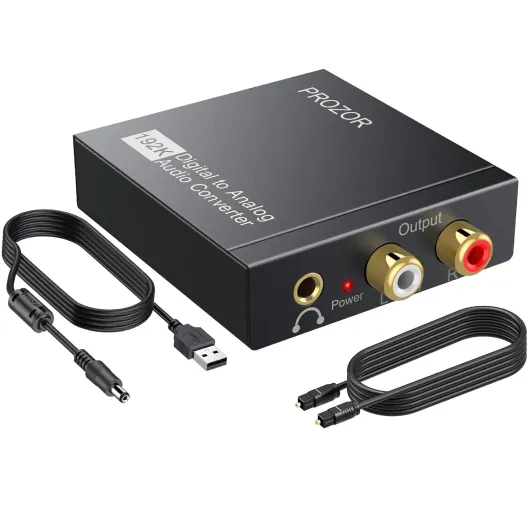 PROZOR 192KHz Digital to Analog Audio Converter DAC Digital SPDIF Optical to Analog L/R RCA Converter, Toslink Optical to 3.5mm Jack Adapter for PS3 HD DVD PS4 Amp Apple TV Home Cinema Aluminum Alloy
