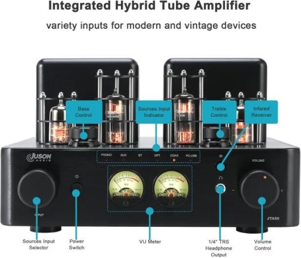 JTA50 2025 Amplificateur à Tubes 130 W amp Hi-FI d'entrée de Gamme avec BT 5.0, télécommande, AUX, coaxial, Phono et entrée USB, Sortie Caisson de Basses, Canal 2.1 pour Platine