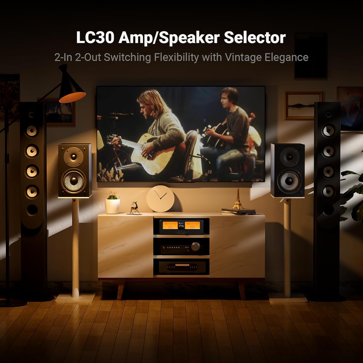 LC30 VU Meter Amplificateur de Haut-Parleur, Commutateur Audio Analogique 2 Voies, pour Amplis HiFi Stéréo et Haut-Parleurs Passifs, Composant Audio Domestique avec Télécommande-Jaune