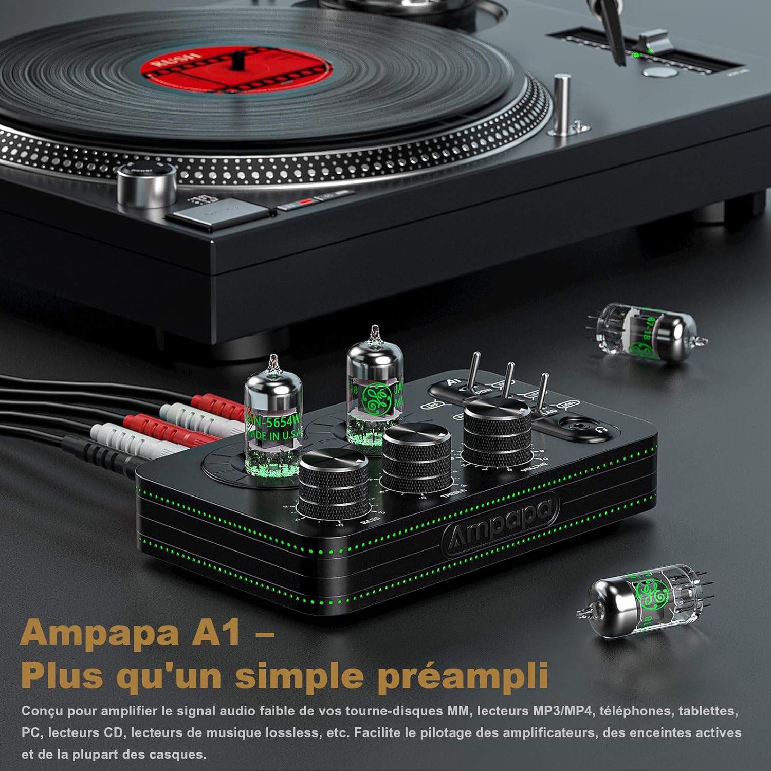 A1 Préampli Phono à Tube: Vide Ampli Casque, Préamplificateur Audiophile Hi-FI pour Tourne-Disque MM avec Contrôle de Tonalité pour Système Audio Stéréo Domestique