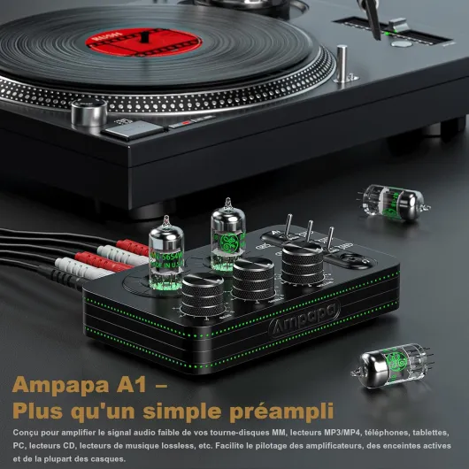 A1 Préampli Phono à Tube: Vide Ampli Casque, Préamplificateur Audiophile Hi-FI pour Tourne-Disque MM avec Contrôle de Tonalité pour Système Audio Stéréo Domestique