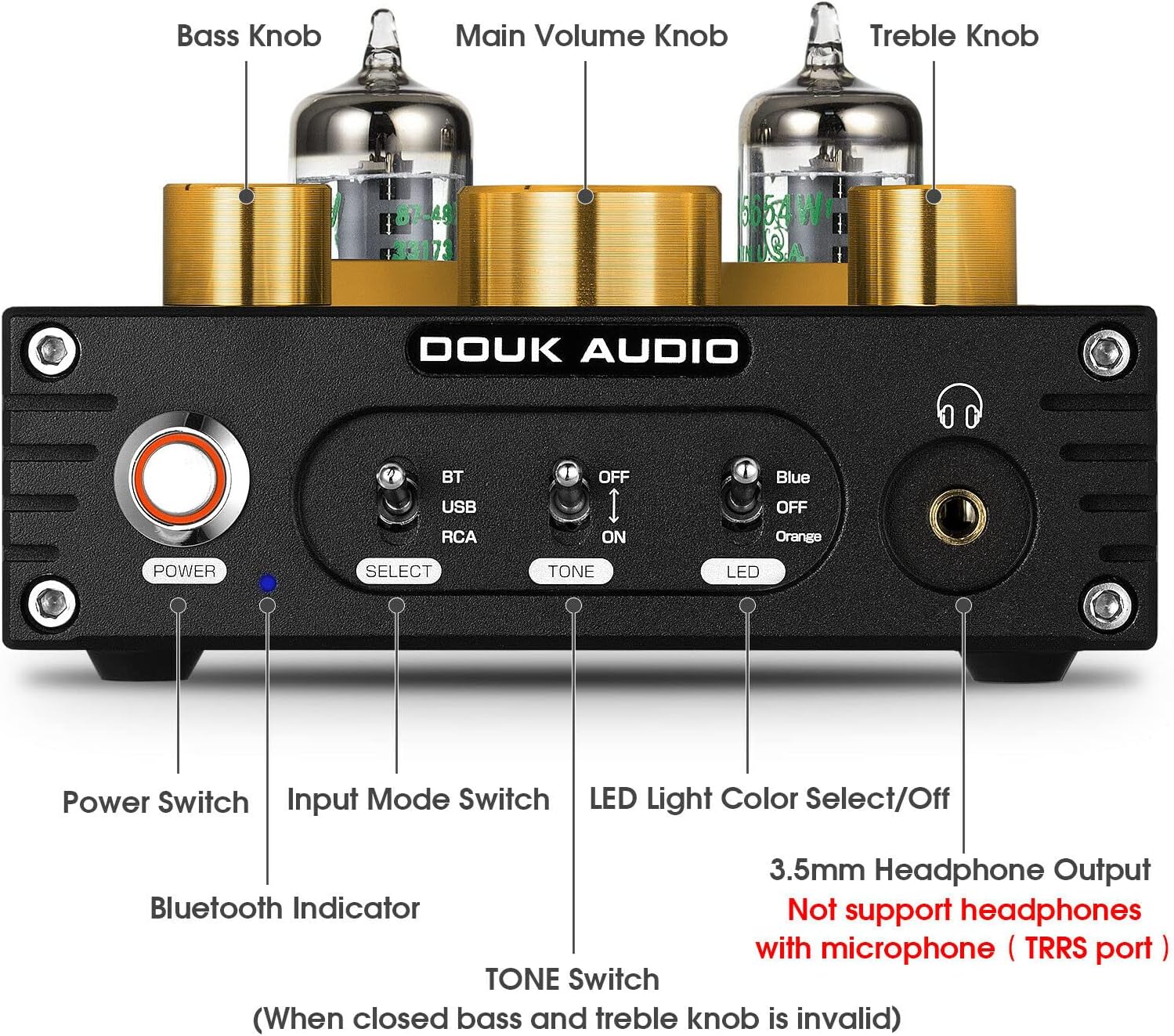 Douk Audio Préamplificateurs Hifi à tubes - Bluetooth 5.0 aptX - Sortie USB, DAC - Amplificateur de casque