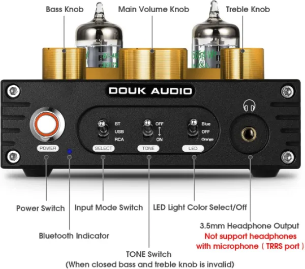 Douk Audio Préamplificateurs Hifi à tubes - Bluetooth 5.0 aptX - Sortie USB, DAC - Amplificateur de casque