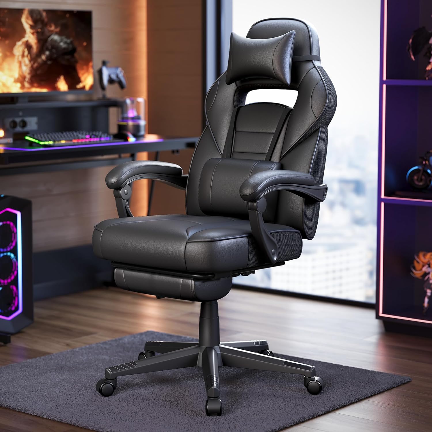 Fauteuil de Bureau, Chaise Gaming, Réglable, Repose-Pieds Télescopique, Mécanisme à Bascule, Appui-tête, Support Lombaire, Charge 150 kg, Noir d'encre OBG073B05 Encre Noire
