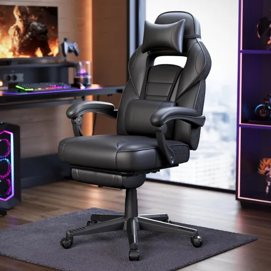 Fauteuil de Bureau, Chaise Gaming, Réglable, Repose-Pieds Télescopique, Mécanisme à Bascule, Appui-tête, Support Lombaire, Charge 150 kg, Noir d'encre OBG073B05 Encre Noire