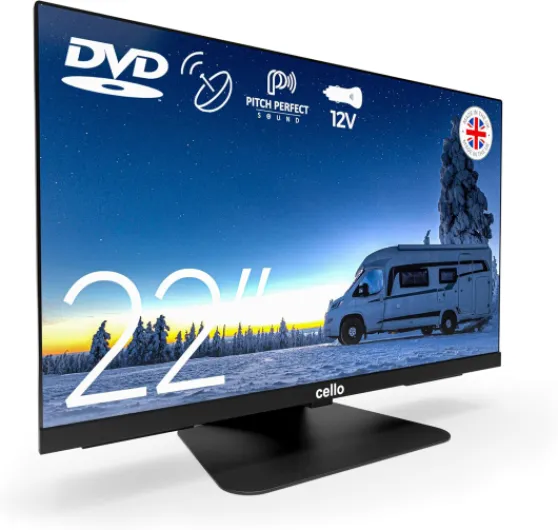 Téléviseur de Voyage C2224F 22 Pouces Non Intelligent, Convivial, sans Cadre, HD 12 Volts Grand Angle – avec Lecteur DVD, Triple Tuner et Son Parfait – adapté aux Camping-Cars et caravanes 12V DVD 22" Noir