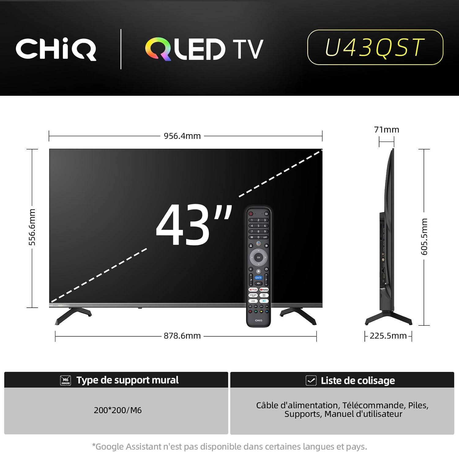 U43QST 43 Pouces TV Smart Google TV QLED 4K UHD avec HDR10, ALLM&VRR pour Jeu, MEMC, Contrôle Vocal, Design Métallique Ultra-Fin, Dolby Audio, Wi-FI 2.4G/5G (Nouveau Modèle) 43 4K Google TV- Ultra-mince